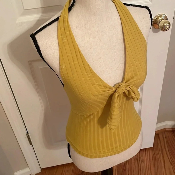 We The Free XS Smocked Back Tie Front Sexy Halter Top Shirt Mustard Yellow Gold - Picture 2 of 10